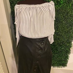 Black and white pinstriped off shoulder top, with leather pencil skirt.